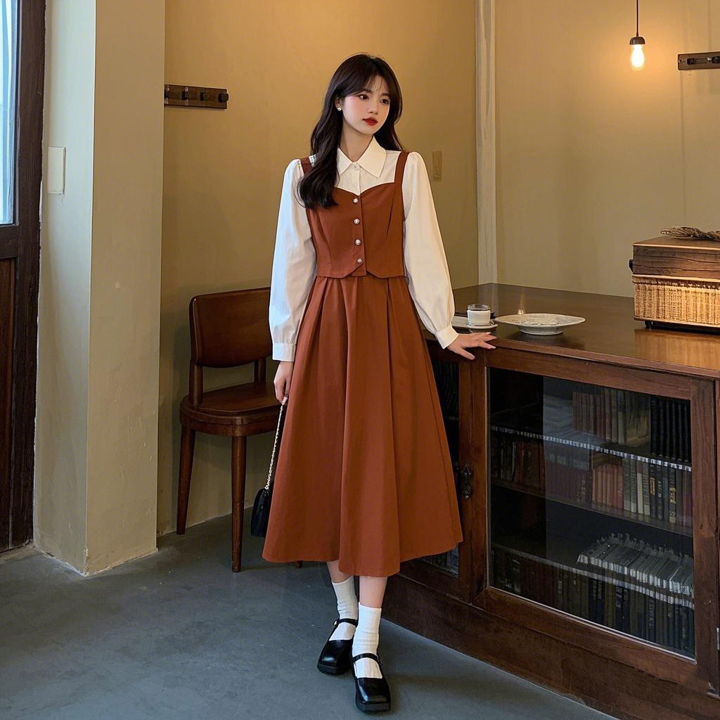 盐甜系穿搭桔梗a字长裙收腰显瘦气质温柔两件套连衣裙女春秋新款